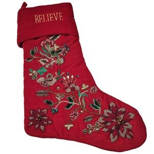 Frontgate Red Velvet Christmas Stocking Beaded Floral Sequin Believe Holiday